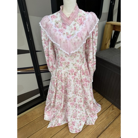 Handmade Dresses & Skirts - Vintage Hand Made 70s Pink Floral Prairie Maxi Long Sleeve Lace Trim Size 2/4